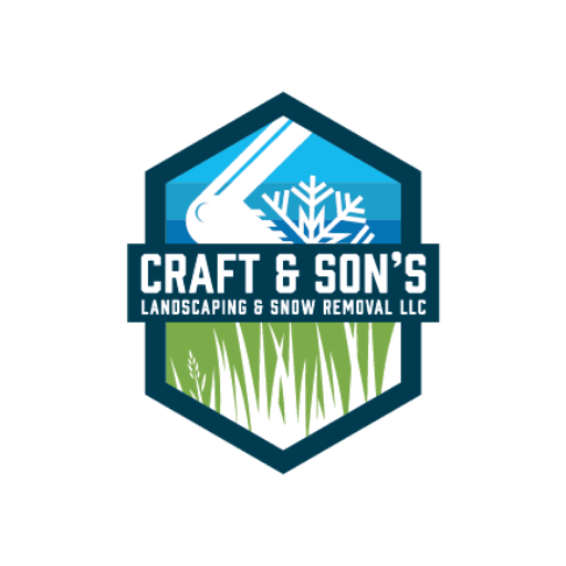 Logo for Craft & Son's Landscaping & Snow Removal LLC, featuring a snow plow, snowflake, and green grass.