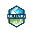 Logo for Craft & Son's Landscaping and Snow Removal LLC featuring a snowplow, snowflakes, and grass.